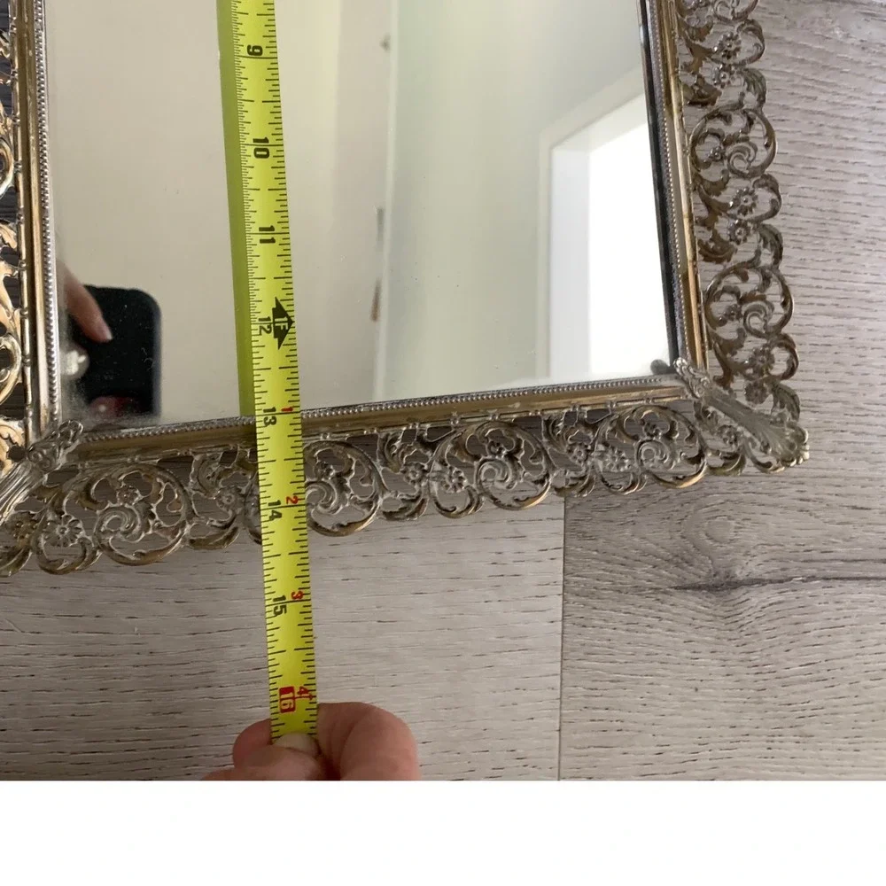 Vintage Hollywood Regency Mirrored Vanity Tray Gold Filigree Ornate Metal 13.5